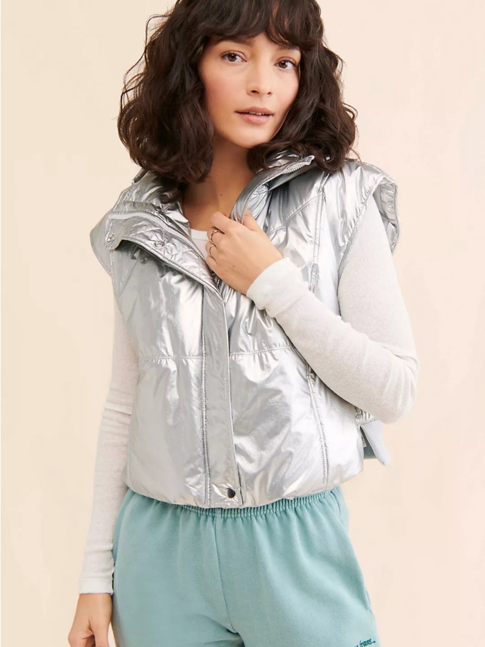 Anthropologie Daily Practice Metallic Hooded Puffer Vest- Size Medium
